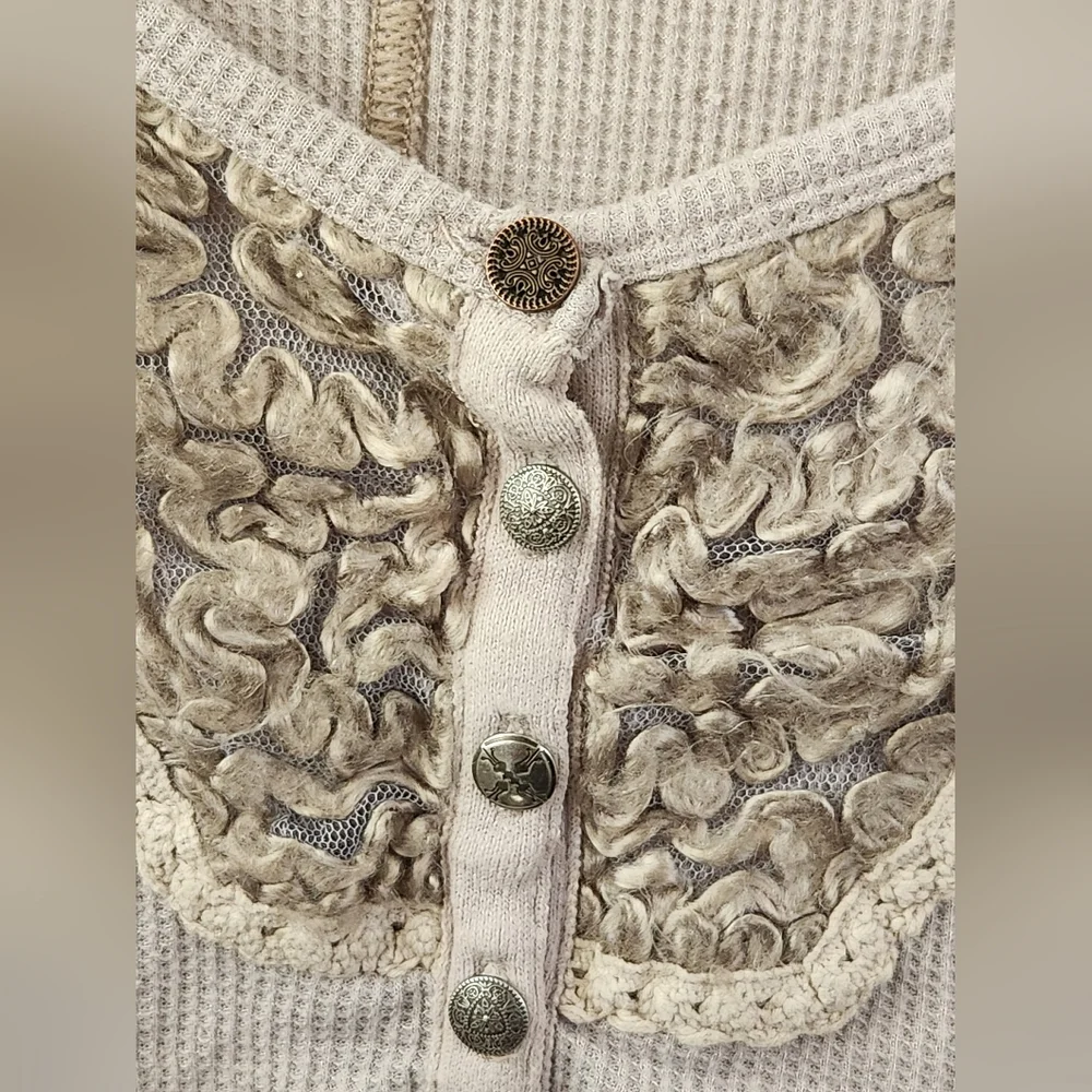 Free People Diego Thermal Top Long Sleeve Fuzzy Yarn Cozy Waffle Knit Gray Large